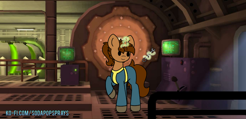 Size: 2515x1223 | Tagged: safe, artist:sodapop sprays, derpibooru import, oc, oc:coppercore, pony, unicorn, fallout equestria, clothes, commission, fallout, fallout shelter, horn, image, jumpsuit, png, solo, vault, vault suit, ych result, your character here