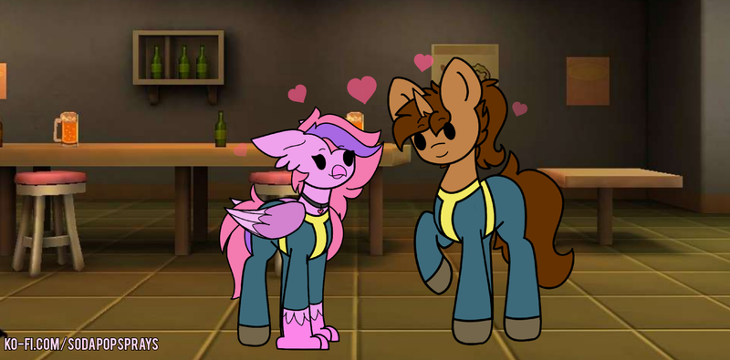 Size: 2071x1023 | Tagged: safe, artist:sodapop sprays, derpibooru import, oc, oc:coppercore, oc:lilac, hippogriff, pony, unicorn, fallout equestria, bar, clothes, commission, fallout, fallout shelter, hippogriff oc, horn, image, in love, jumpsuit, oc x oc, png, shipping, vault, vault suit, ych result, your character here