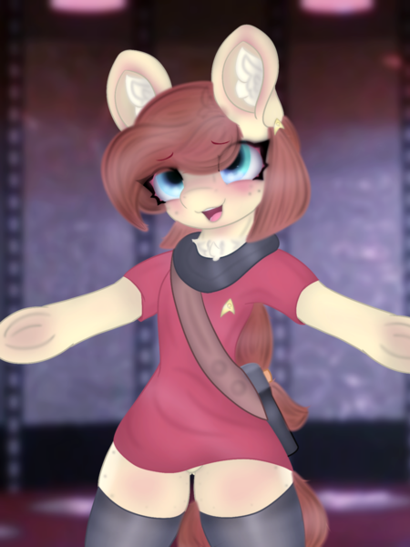 Size: 3018x4022 | Tagged: safe, artist:sodapop sprays, derpibooru import, oc, oc:naomi horsely, unofficial characters only, earth pony, pony, semi-anthro, bipedal, clothes, combadge, image, incoming hug, looking at you, offering hug, png, pogchamp, socks, solo, standing, star trek, star trek (tos), thigh highs, uniform