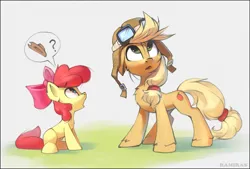 Size: 1447x981 | Tagged: safe, artist:ramiras, derpibooru import, apple bloom, applejack, earth pony, pony, apple bloom's bow, apple sisters, applejack's hat, aviator goggles, aviator hat, blank flank, bow, cowboy hat, duo, duo female, female, filly, foal, g4, goggles, hair bow, hat, image, looking up, mare, open mouth, pictogram, pilotjack, png, question mark, siblings, sisters, sitting, speech bubble