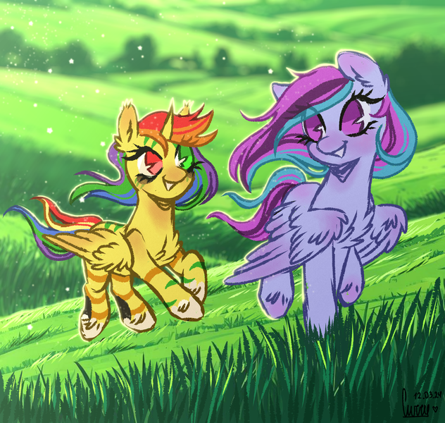 Size: 6000x5700 | Tagged: safe, artist:curryrice, derpibooru import, oc, alicorn, hybrid, original species, pegasus, pony, zebra, commission, complex background, freen field, grass, grass field, image, png