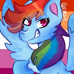 Size: 1024x1024 | Tagged: safe, artist:cassie!, derpibooru import, rainbow dash, pegasus, pony, 2021, female, g4, icon, image, jpeg, lesbian pride flag, looking at you, mouthpiece, politics, pride, pride flag, signature, smiling, smiling at you, solo