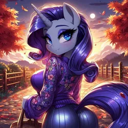 Size: 1024x1024 | Tagged: safe, ai content, derpibooru import, machine learning generated, prompter:glimmy-glam, rarity, anthro, ass, autumn, basket, blushing, breasts, busty rarity, butt, clothes, cloud, evening, female, fence, g4, generator:dall-e 3, image, jpeg, leaves, looking at you, looking back, rearity, shiny, smiling, solo, sweater, the ass was fat, tree