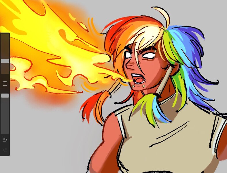 Size: 1910x1455 | Tagged: safe, artist:eeriezoundzz, derpibooru import, rainbow dash, human, avatar the last airbender, dark skin, fire, fire breath, humanized, image, jpeg, procreate app, solo, the legend of korra