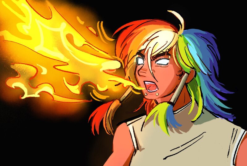 Size: 2048x1381 | Tagged: safe, artist:eeriezoundzz, derpibooru import, rainbow dash, human, avatar the last airbender, dark skin, fire, fire breath, humanized, image, jpeg, procreate app, solo, the legend of korra