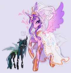 Size: 2450x2533 | Tagged: safe, artist:peachmichea, derpibooru import, princess cadance, queen chrysalis, alicorn, changeling, changeling queen, pony, alternate hairstyle, bags under eyes, bracelet, clothes, dress, duo, duo female, eyeshadow, female, floating heart, g4, heart, height difference, hoof shoes, horn, horn ring, image, infidelity, jewelry, jpeg, lesbian, lidded eyes, makeup, mare, meme, peytral, princess shoes, raised hoof, redraw, regalia, ring, ship:cadalis, shipping, signature, simple background, size difference, smiling, spread wings, subverted meme, tail, the bride and the ugly ass groom, tiara, toy interpretation, wedding dress, wedding veil, wings