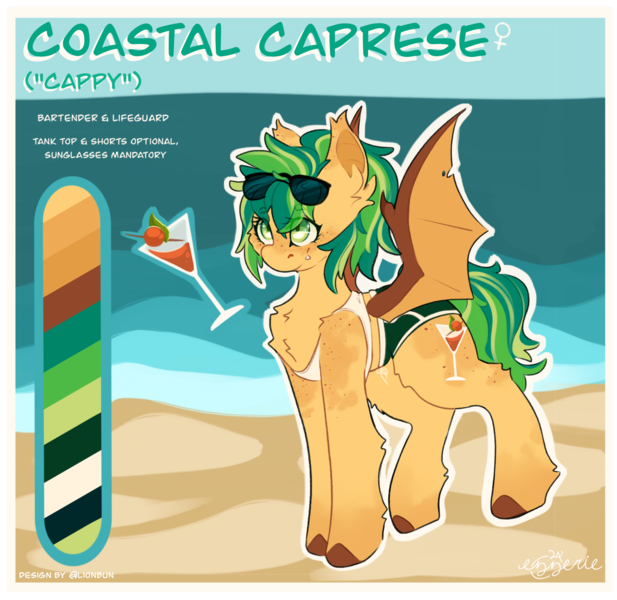 Size: 1767x1719 | Tagged: safe, artist:ezzerie, derpibooru import, oc, oc:coastal caprese, unofficial characters only, bat pony, pony, alcohol, beach, image, martini, png, ponytail, reference sheet, solo, sunglasses