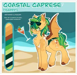 Size: 1767x1719 | Tagged: safe, artist:ezzerie, derpibooru import, oc, oc:coastal caprese, unofficial characters only, bat pony, pony, alcohol, beach, image, martini, png, ponytail, reference sheet, solo, sunglasses