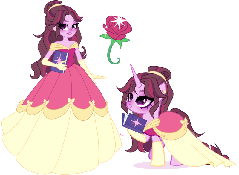 Size: 5142x3752 | Tagged: safe, artist:gihhbloonde, derpibooru import, twilight sparkle, human, pony, unicorn, equestria girls, belle, book, clothes, crossover, crossover fusion, disney, disney princess, dress, ear piercing, earring, female, fusion, fusion:belle, fusion:twilight sparkle, g4, gloves, hair bun, hoof hold, horn, image, jewelry, lightly watermarked, lipstick, mare, piercing, png, purple eyes, raised hoof, self paradox, self ponidox, simple background, smiling, solo, standing, transparent background, watermark, we have become one
