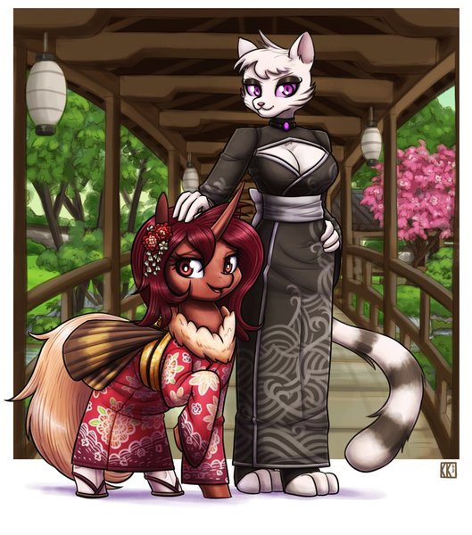 Size: 1825x2070 | Tagged: safe, artist:king-kakapo, derpibooru import, oc, oc:flechette, anthro, cat, changeling, insect, moth, mothling, original species, clothes, duo, furry, furry oc, image, kimono (clothing), lingerie, pillow, png, species swap