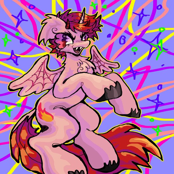 Size: 4096x4096 | Tagged: safe, artist:larvaecandy, derpibooru import, oc, oc:great demon crunk lord tiberius, unofficial characters only, alicorn, demon, demon pony, original species, pony, alicorn oc, demon horns, fangs, g4, horn, horns, image, jpeg, solo, wings