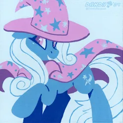 Size: 3534x3516 | Tagged: safe, artist:dandy, derpibooru import, trixie, pony, acrylic painting, cape, clothes, female, floppy ears, g4, hat, high res, image, limited palette, looking at you, mare, png, smiling, solo, traditional art, trixie's cape, trixie's hat