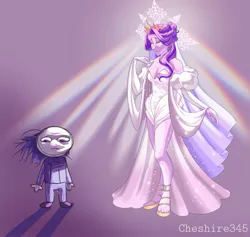Size: 2048x1943 | Tagged: safe, artist:cheshire345, derpibooru import, princess cadance, shining armor, human, 2024, alternate hairstyle, bowtie, clothes, crepuscular rays, dress, duo, duo male and female, eyes closed, female, g4, height difference, humanized, image, jewelry, jpeg, larger female, male, meme, messy hair, pants, pony coloring, redraw, ship:shiningcadance, shipping, signature, size difference, smaller male, smiling, sparkles, straight, suit, the bride and the ugly ass groom, tiara, toy interpretation, wedding dress, wedding veil