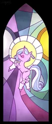 Size: 605x1435 | Tagged: safe, artist:chiefywiffy, derpibooru import, oc, oc:chiefy, unicorn, clothes, ear piercing, halo, horn, image, leg warmers, piercing, png, solo, stained glass