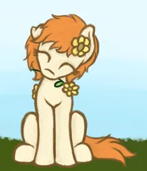 Size: 1000x1164 | Tagged: safe, anonymous artist, derpibooru import, oc, oc:thursday, earth pony, pony, eyes closed, female, flower, flower in hair, grass, image, mare, png, sitting, solo, sunflower