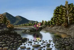Size: 4473x3000 | Tagged: safe, artist:pony-stark, derpibooru import, fluttershy, pegasus, pony, autumn, folded wings, g4, image, lake, mountain, outdoors, png, rock, scenery, solo, water, wings