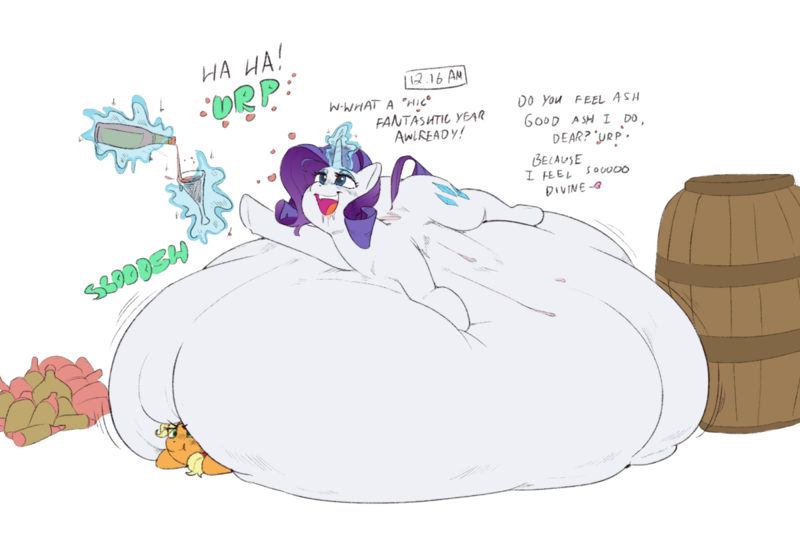 Size: 1200x831 | Tagged: suggestive, artist:polofastter, artist:sirmasterdufel, derpibooru import, applejack, rarity, earth pony, pony, unicorn, alcohol, annoyed, barrel, belly, belly bed, big belly, bottle, champagne, champagne glass, drink, drinking, drinking glass, drunk, drunk bubbles, drunk rarity, g4, glass, horn, huge belly, image, immobile, impossibly large belly, inflation, magic, magic aura, png, simple background, sketch, text, transparent background, wine