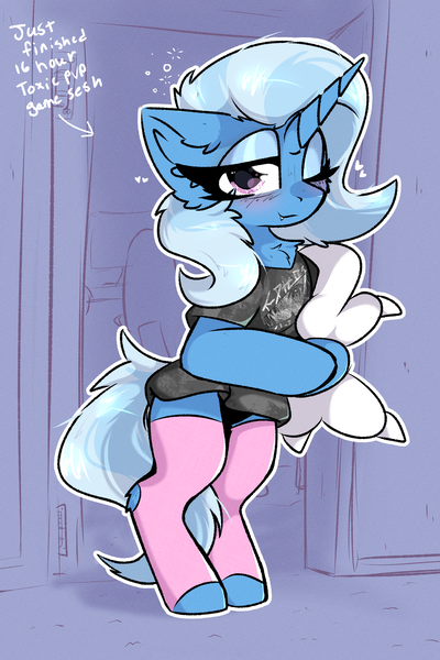 Size: 2000x3000 | Tagged: safe, artist:jubyskylines, derpibooru import, trixie, pony, unicorn, bipedal, blushing, chest fluff, clothes, cute, cute little fangs, ear fluff, emanata, fangs, gamer trixie, heart, hockless socks, hoofless socks, horn, image, leg warmers, lidded eyes, one eye closed, pillow, png, shirt, sleepy, socks, solo, tired