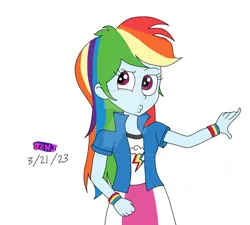 Size: 828x745 | Tagged: safe, artist:stella-exquisa, derpibooru import, rainbow dash, human, equestria girls, clothes, female, g4, image, jacket, jpeg, shirt, simple background, skirt, solo, white background, wristband