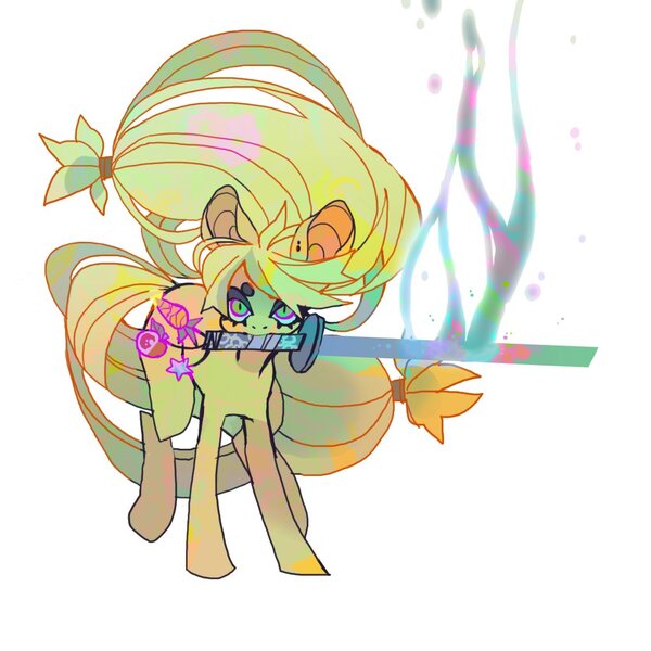 Size: 1021x1021 | Tagged: safe, artist:cutesykill, derpibooru import, applejack, earth pony, pony, beanbrows, big ears, big eyes, colored eyebrows, colored pinnae, ear piercing, earring, eyebrows, female, g4, green eyes, image, jewelry, jpeg, katana, keychain, long mane, long tail, mare, mouth hold, multicolored eyes, orange coat, piercing, ponytail, raised hoof, simple background, solo, sword, tail, thick eyelashes, tied mane, tied tail, weapon, white background, wingding eyes, yellow mane, yellow tail