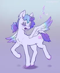 Size: 950x1150 | Tagged: safe, artist:zephyrsplume, derpibooru import, oc, oc:sweetcloud, unofficial characters only, pegasus, pony, colored hooves, cutie mark, eyes closed, eyeshadow, female, freckles, image, makeup, mare, music notes, pegasus oc, png, short tail, singing, solo, solo female, tail, wings