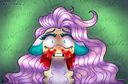 Size: 1547x1015 | Tagged: semi-grimdark, artist:artistcoolpony, derpibooru import, fluttershy, pegasus, pony, smile hd, blood, bloodshot eyes, chest fluff, female, grass, gritted teeth, image, lying down, mare, markings, nosebleed, on back, png, redesign, scared, solo, teeth, this will end in death