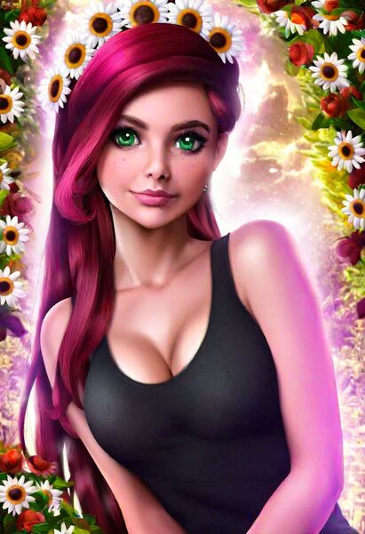 Size: 832x1216 | Tagged: safe, ai content, derpibooru import, machine learning generated, prompter:kronostorm, stable diffusion, gloriosa daisy, human, equestria girls, legend of everfree, big breasts, breasts, busty gloriosa daisy, clothes, ear piercing, female, floral head wreath, flower, g4, generator:pony diffusion v6 xl, green eyes, green pupils, humanized, image, jpeg, lips, lipstick, makeover, makeup, piercing, realistic, reasonably sized breasts, sexy, stupid sexy gloriosa daisy, tanktop, uncanny valley