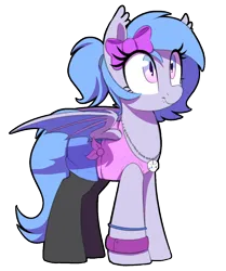 Size: 952x1140 | Tagged: safe, artist:thebatfang, derpibooru import, oc, oc:lucky roll, unofficial characters only, bat pony, pony, bat pony oc, bat wings, bow, clothes, cute, dice, female, hair bow, image, jewelry, mare, necklace, ocbetes, partially open wings, png, shorts, simple background, socks, solo, transparent background, wings, wristband