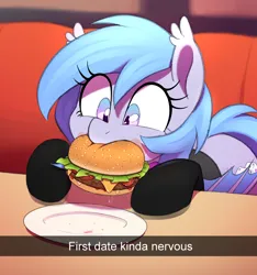 Size: 1200x1280 | Tagged: safe, artist:thebatfang, derpibooru import, oc, oc:lucky roll, unofficial characters only, bat pony, pony, bat pony oc, bat wings, burger, clothes, cute, date, female, food, hamburger, image, mare, meat, meme, nom, ocbetes, offscreen character, plate, png, ponies eating meat, pov, restaurant, silly, silly pony, snapchat, socks, solo, wings