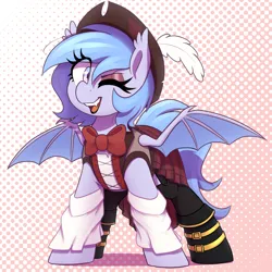 Size: 1600x1600 | Tagged: safe, artist:thebatfang, derpibooru import, oc, oc:lucky roll, unofficial characters only, bat pony, pony, abstract background, bat pony oc, bat wings, bowtie, cute, female, hat, image, looking at you, mare, ocbetes, one eye closed, open mouth, pirate, png, smiling, solo, spread wings, wings, wink
