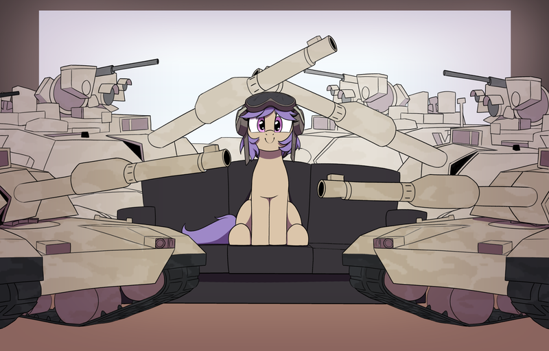 Size: 2500x1600 | Tagged: safe, artist:thebatfang, derpibooru import, oc, oc:tenk pone, unofficial characters only, earth pony, pony, couch, female, helmet, image, mare, meme, piper perri surrounded, png, smiling, solo, tank (vehicle)