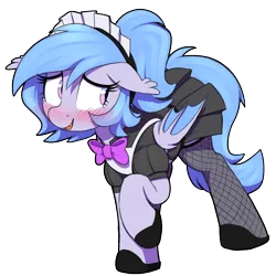 Size: 1000x1000 | Tagged: safe, artist:thebatfang, derpibooru import, oc, oc:lucky roll, unofficial characters only, bat pony, pony, bat pony oc, bat wings, blushing, bowtie, clothes, cute, embarrassed, female, grin, image, maid, mare, nervous, nervous grin, ocbetes, png, raised hoof, simple background, smiling, solo, transparent background, wings