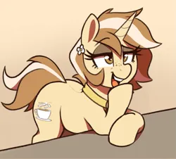 Size: 945x855 | Tagged: safe, artist:thebatfang, derpibooru import, oc, oc:latte luxury, unofficial characters only, pony, unicorn, bandana, hoof on chin, horn, image, leaning on table, lidded eyes, open mouth, png, simple background, smiling, solo, tan background, unicorn oc