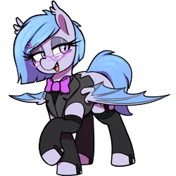 Size: 1000x1000 | Tagged: safe, artist:thebatfang, derpibooru import, oc, oc:lucky roll, unofficial characters only, bat pony, pony, bat pony oc, bat wings, bowtie, female, glasses, image, lidded eyes, mare, milf, office lady, older, open mouth, png, simple background, smiling, solo, spread wings, transparent background, wings