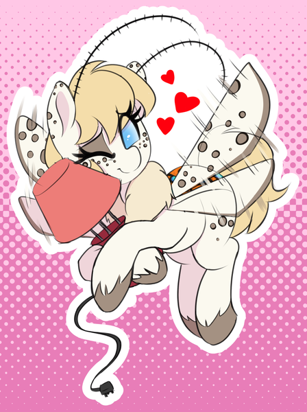 Size: 821x1100 | Tagged: safe, artist:thebatfang, derpibooru import, oc, oc:dusty dots, unofficial characters only, insect, moth, mothpony, original species, pony, abstract background, cargo ship, female, floating heart, flying, heart, hug, image, lamp, mare, one eye closed, png, shipping, solo