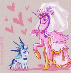 Size: 1637x1699 | Tagged: safe, artist:morimoru, derpibooru import, princess cadance, shining armor, alicorn, pony, unicorn, 2024, alternate hairstyle, bowtie, clothes, dress, duo, duo male and female, female, g4, height difference, hoof shoes, horn, horn ring, image, jewelry, jpeg, larger female, lidded eyes, looking down, male, mare, meme, messy mane, princess shoes, raised hoof, redraw, ring, ship:shiningcadance, shipping, signature, size difference, smaller male, spread wings, stallion, straight, tail, the bride and the ugly ass groom, toy interpretation, wedding dress, wedding veil, wings