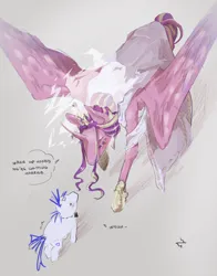 Size: 3000x3820 | Tagged: safe, artist:pox_0i, derpibooru import, princess cadance, shining armor, alicorn, pony, unicorn, alternate hairstyle, blushing, bowtie, clothes, curved horn, dialogue, dress, female, gray background, height difference, hoof shoes, horn, image, jewelry, jpeg, male, mare, meme, redraw, regalia, ship:shiningcadance, shipping, simple background, stallion, straight, the bride and the ugly ass groom, wedding dress