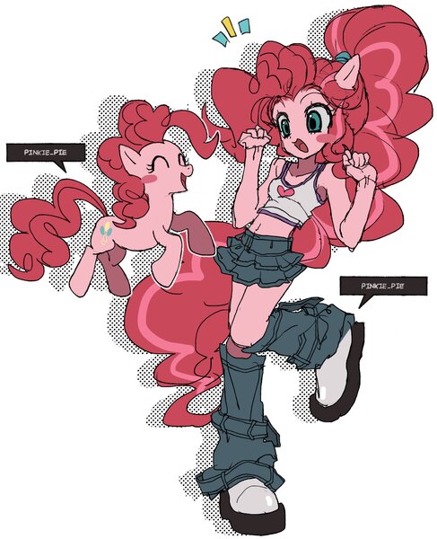 Size: 1620x1995 | Tagged: safe, artist:jwnn_, derpibooru import, pinkie pie, earth pony, pony, equestria girls, bra, clothes, crop top bra, female, image, jpeg, leg warmers, mare, ponytail, screentone, self paradox, self ponidox, simple background, skirt, underwear, white background