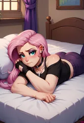Size: 3328x4864 | Tagged: safe, ai content, derpibooru import, machine learning generated, stable diffusion, fluttershy, human, pony, equestria girls, ass, bed, bedroom, blushing, butt, choker, clothes, ear piercing, earring, female, fingerless gloves, fluttergoth, g4, generator:pony diffusion v6 xl, generator:purplesmart.ai, gloves, humanized, image, jewelry, lying down, mare, necklace, pants, piercing, png, prompter:lerkyboy, prone, short shirt