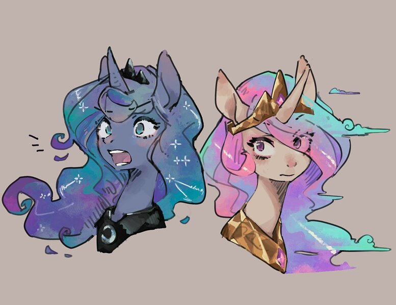 Size: 1390x1074 | Tagged: safe, artist:toki, derpibooru import, princess celestia, princess luna, alicorn, pony, bust, duo, ethereal mane, female, g4, image, jewelry, jpeg, mare, peytral, regalia