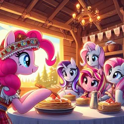 Size: 1024x1024 | Tagged: safe, ai content, derpibooru import, machine learning generated, fluttershy, pinkie pie, starlight glimmer, earth pony, pony, semi-anthro, unicorn, clothes, cyrillic, female, females only, food, horn, image, jpeg, russian, slavic