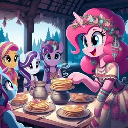 Size: 1024x1024 | Tagged: safe, ai content, derpibooru import, machine learning generated, pinkie pie, rarity, trixie, anthro, earth pony, unicorn, clothes, cyrillic, female, females only, food, image, jpeg, race swap, russian, slavic, unicorn pinkie pie