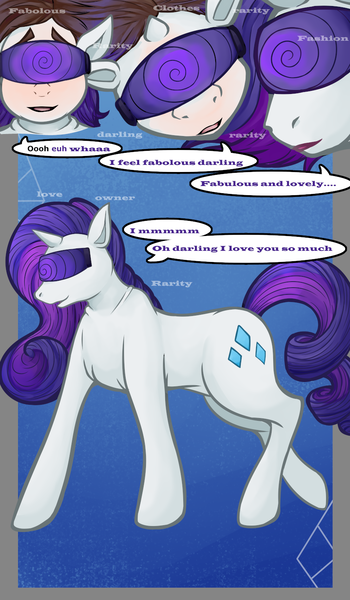 Size: 875x1500 | Tagged: safe, artist:krasney, artist:thesphinxune, derpibooru import, rarity, human, pony, unicorn, clothes, comic, costume, horn, human to pony, hypnogear, image, mind control, offscreen character, pet play, png, ponysuit, transformation, transformation sequence, transgender transformation, visor