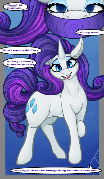 Size: 875x1500 | Tagged: safe, artist:krasney, derpibooru import, rarity, pony, unicorn, comic, female, horn, hypnogear, image, looking at you, mare, mind control, offscreen character, open mouth, open smile, pet play, png, raised hoof, smiling, smiling at you, talking to viewer, transformation, transformation sequence, visor