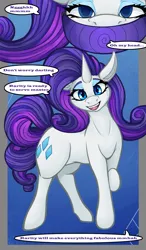 Size: 875x1500 | Tagged: safe, artist:krasney, derpibooru import, rarity, pony, unicorn, comic, female, horn, hypnogear, image, looking at you, mare, mind control, offscreen character, open mouth, open smile, pet play, png, raised hoof, smiling, smiling at you, talking to viewer, transformation, transformation sequence, visor