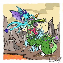 Size: 2048x2048 | Tagged: safe, artist:jim miller, derpibooru import, princess ember, rainbow dash, rarity, twilight sparkle, dragon, pony, crackle's cousin, dragon costume, dragoness, female, image, jpeg, lava, mare, motion lines, noogie, passepartout, signature, spread wings, wings