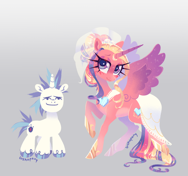 Size: 2212x2080 | Tagged: safe, artist:bishopony, derpibooru import, princess cadance, shining armor, alicorn, pony, unicorn, alternate hairstyle, blush scribble, blushing, clothes, dress, duo, duo male and female, female, g4, gradient background, height difference, high res, horn, horn ring, image, jewelry, larger female, lidded eyes, male, mare, meme, messy mane, png, raised hoof, ring, ship:shiningcadance, shipping, size difference, smaller male, spread wings, stallion, straight, the bride and the ugly ass groom, toy interpretation, wedding dress, wedding ring, wedding veil, wings