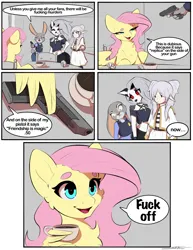 Size: 3069x3980 | Tagged: safe, artist:skitsniga, derpibooru import, fluttershy, human, pegasus, pony, anime, elf ears, frieren, frieren: beyond journey's end, furry, helluva boss, image, loona (helluva boss), png, speech bubble, vulgar