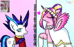 Size: 2065x1323 | Tagged: safe, artist:magicalmilo!, derpibooru import, princess cadance, alicorn, pony, unicorn, clothes, dress, duo, female, horn, image, jewelry, male, mare, meme, messy mane, png, ring, sash, spiky mane, stallion, the bride and the ugly ass groom, wedding dress, wedding ring