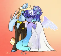 Size: 2415x2226 | Tagged: safe, artist:opalacorn, derpibooru import, oc, oc:asteria, oc:blue skies, unofficial characters only, pegasus, pony, unicorn, artificial wings, augmented, bowtie, butt, chest fluff, clothes, constellation hair, dress, duo, duo male and female, eyes closed, female, floppy ears, frog (hoof), gradient background, horn, horn ring, image, jewelry, jpeg, magic, magic wings, male, mare, nuzzling, oc x oc, plot, ring, see-through, shipping, smiling, stallion, straight, tuxedo, underhoof, wedding dress, wedding ring, wings